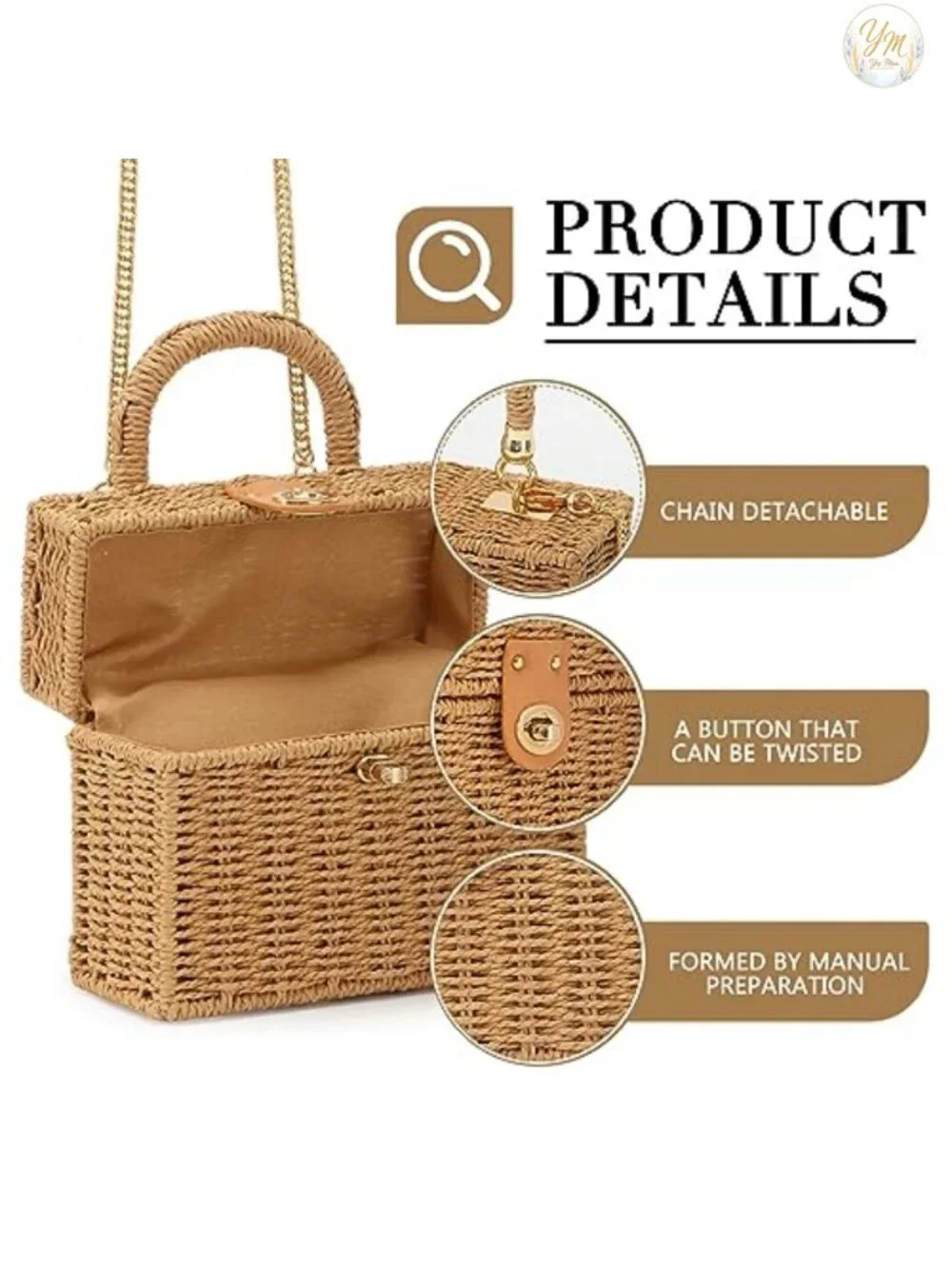 Handwoven Rattan Square Straw Tote Beach Bag Crossbody Shoulder Purse